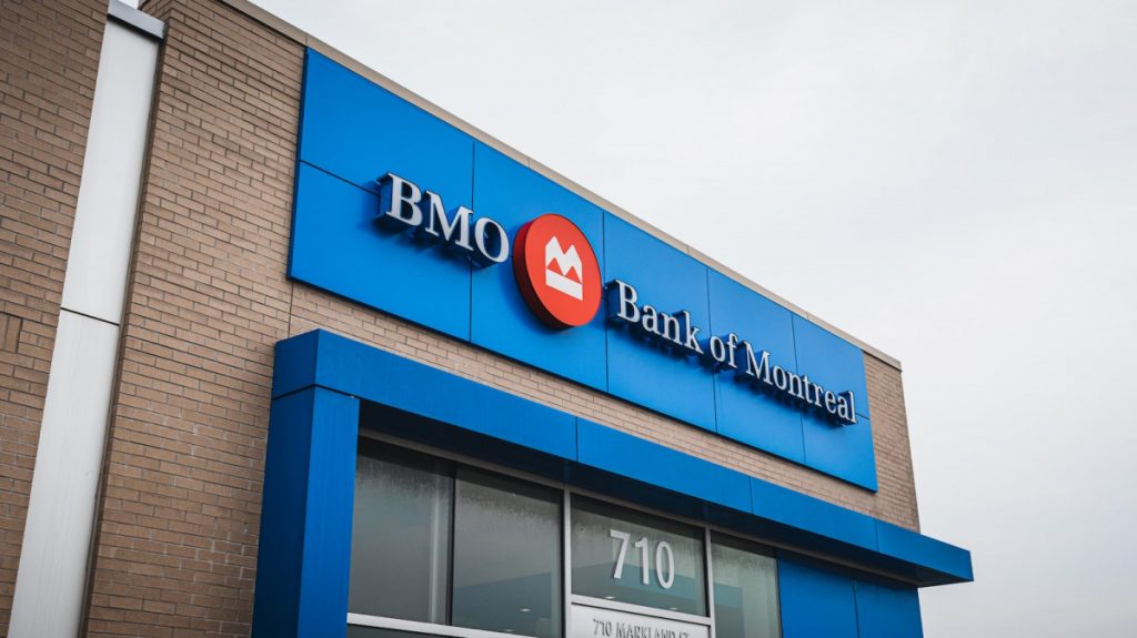 a bmo store front with a red and blue sign