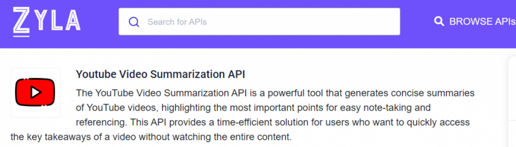 YouTube Video Summarization API hosted at Zyla API Hub