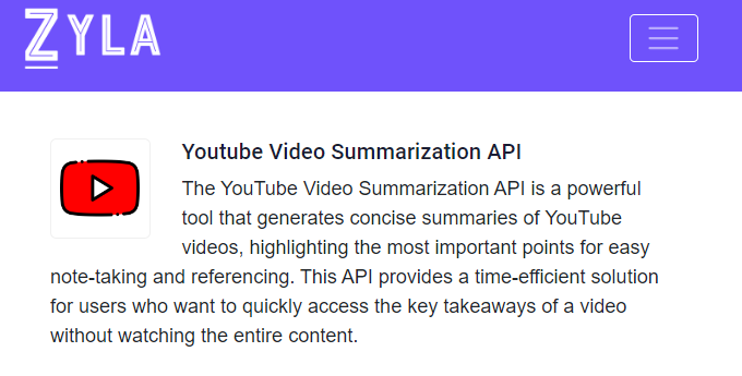 YouTube Video Summarization API hosted on Zyla API Hub