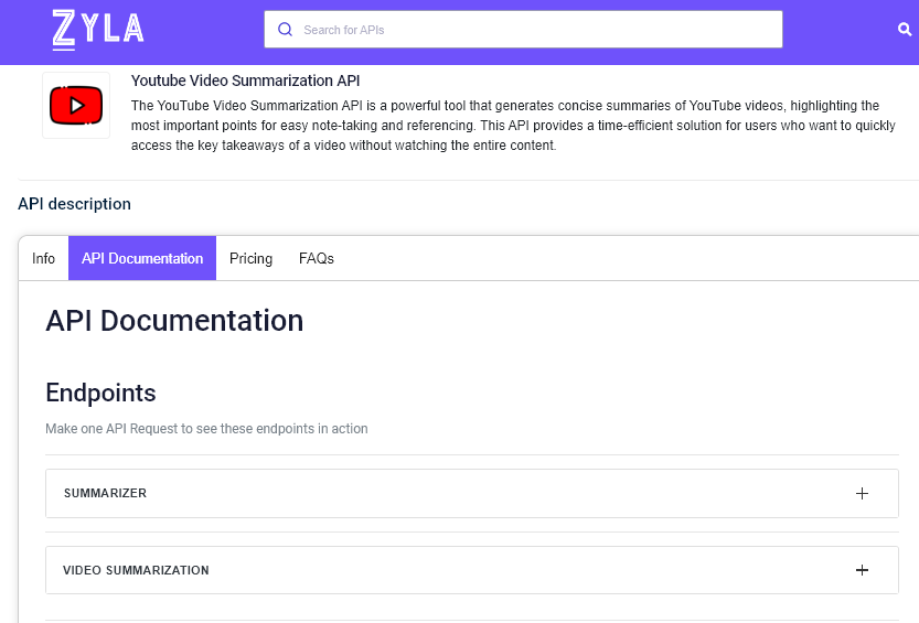 YouTube Video Summarization API hosted on Zyla API Hub