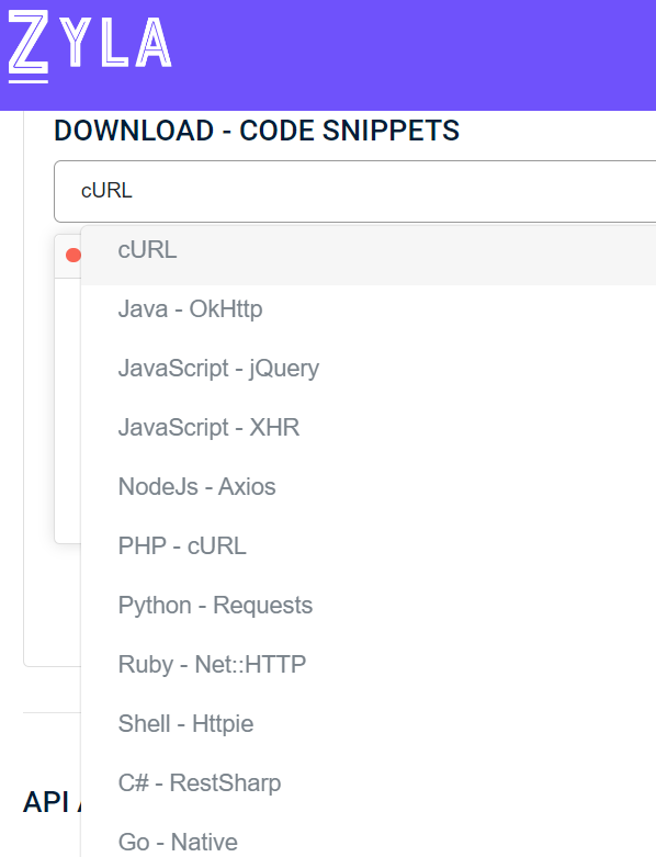 Spotify Downloader API - Availably Code Snippets for download at Zyla API Hub