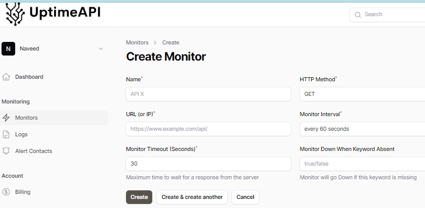 UptimeAPI Dashboard - Create Monitor