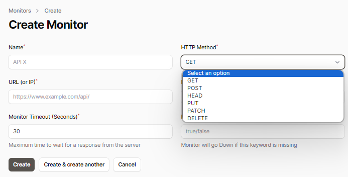 UptimeAPI - Dashboard "Create Monitor"
