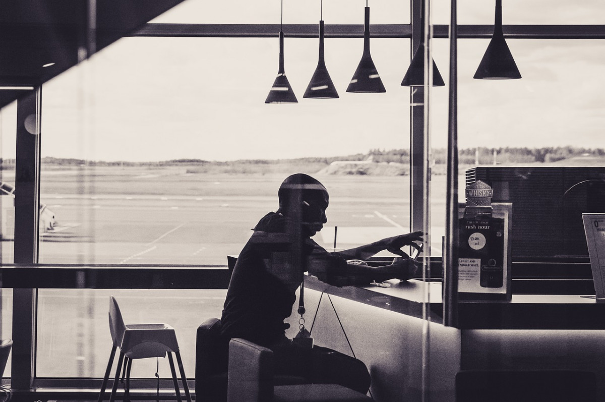 man, airport, wait